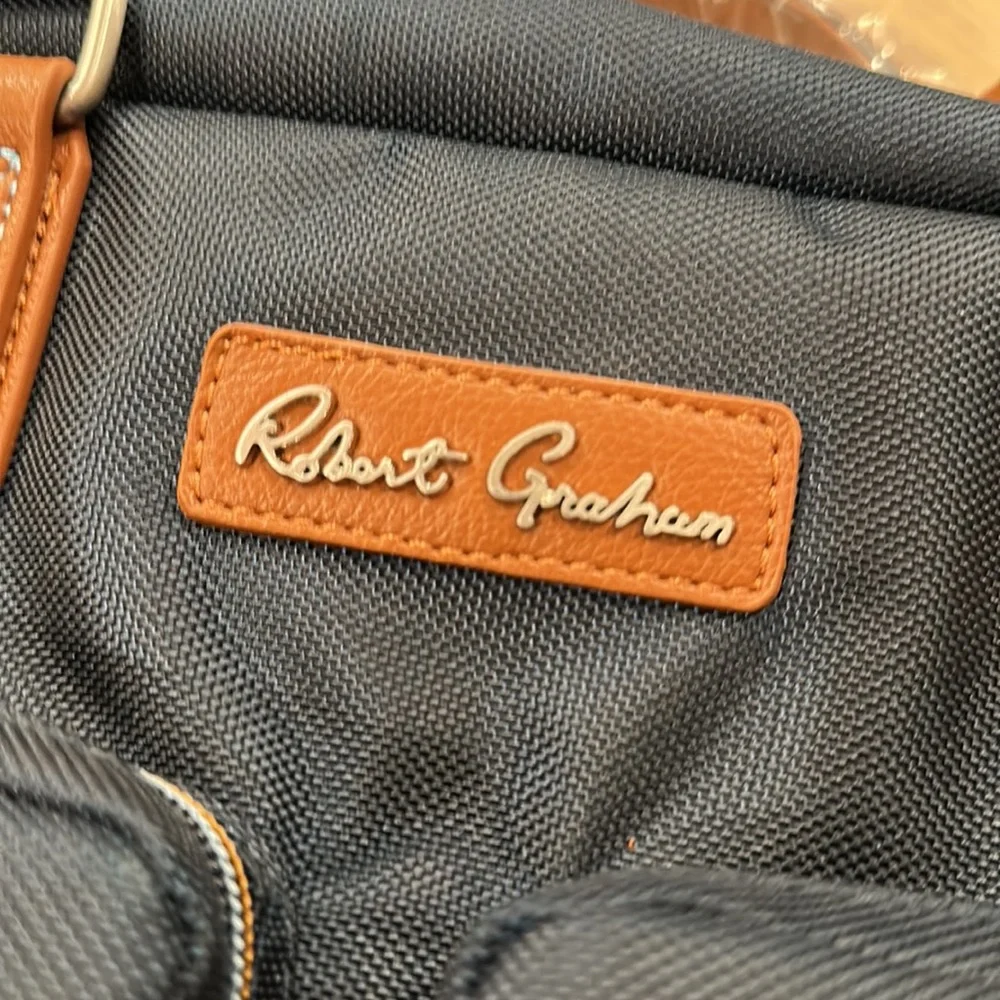 NWT Robert Graham navy blue duffel travel bag with brown leather trim